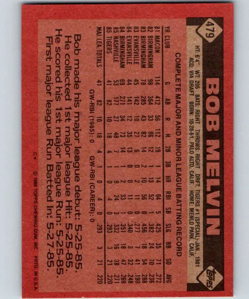 1986 Topps #479 Bob Melvin EX Excellent RC Rookie Detroit Tigers Baseball Card