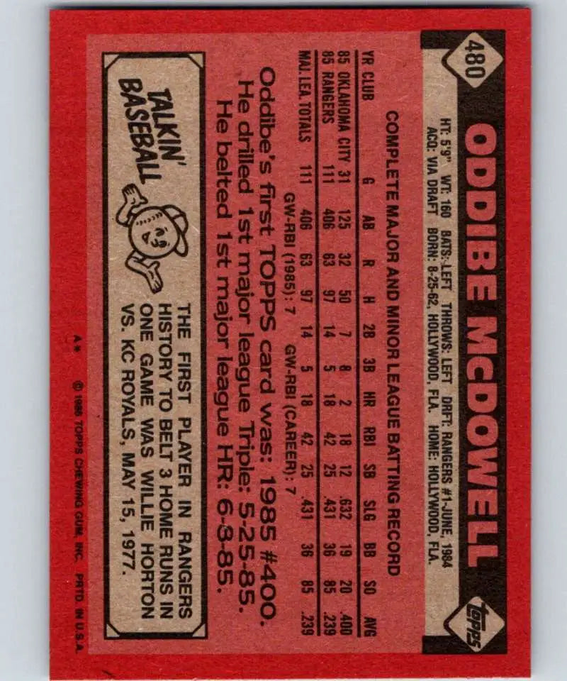 1986 Topps #480 Oddibe McDowell EX Excellent Texas Rangers Baseball Card - Baseball Card Single