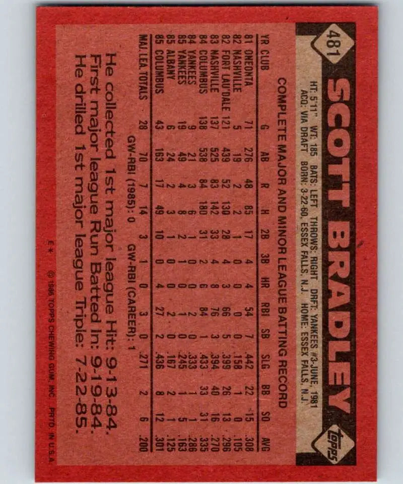 1986 Topps #481 Scott Bradley EX Excellent New York Yankees Baseball Card - Baseball Card Single