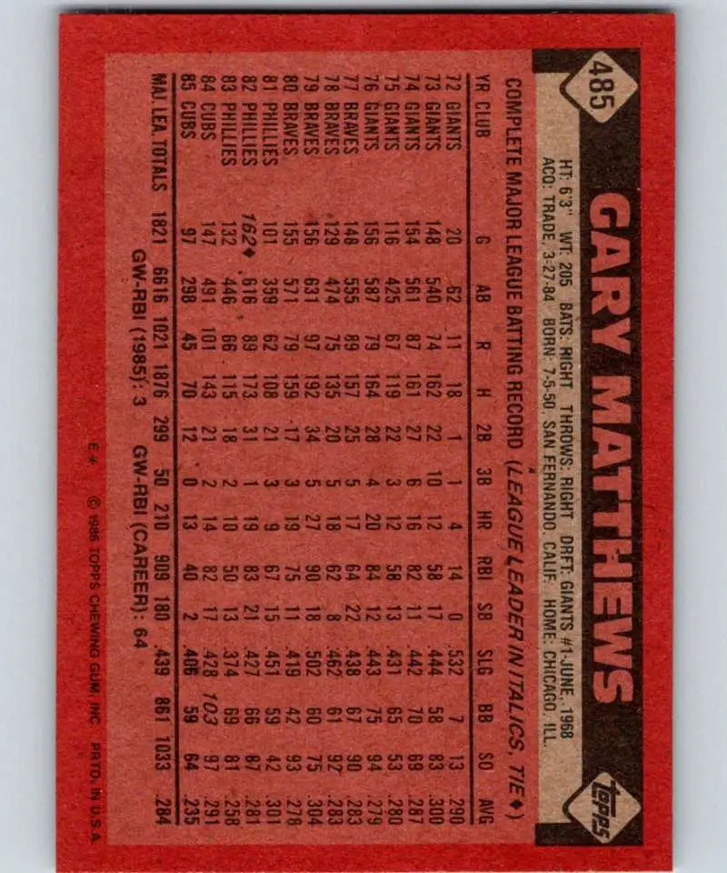 1986 Topps #485 Gary Matthews EX Excellent Chicago Cubs Baseball Card - Baseball Card Single