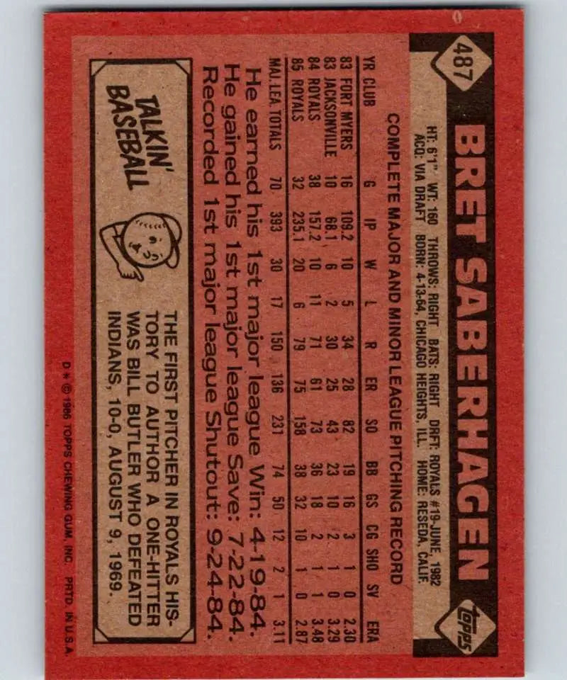 1986 Topps #487 Bret Saberhagen EX Excellent Kansas City Royals Baseball Card - Baseball Card Single