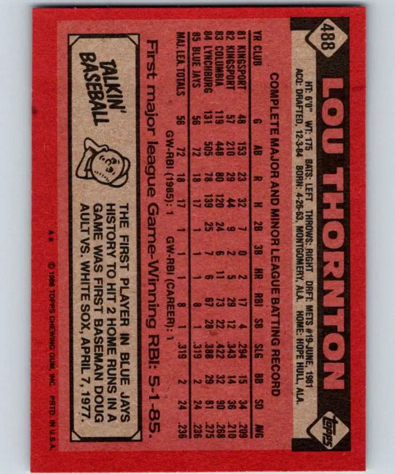 1986 Topps #488 Lou Thornton EX Excellent Toronto Blue Jays Baseball Card - Baseball Card Single