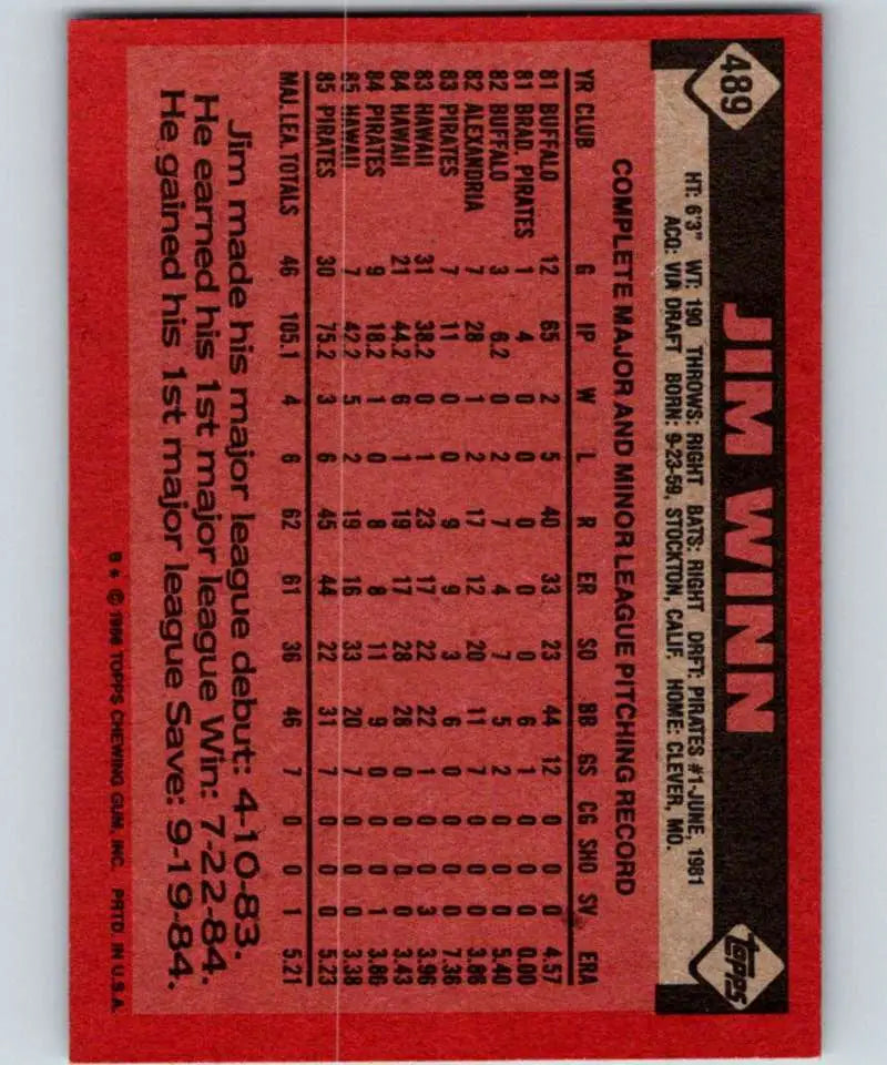 1986 Topps #489 Jim Winn EX Excellent Pittsburgh Pirates Baseball Card - Baseball Card Single