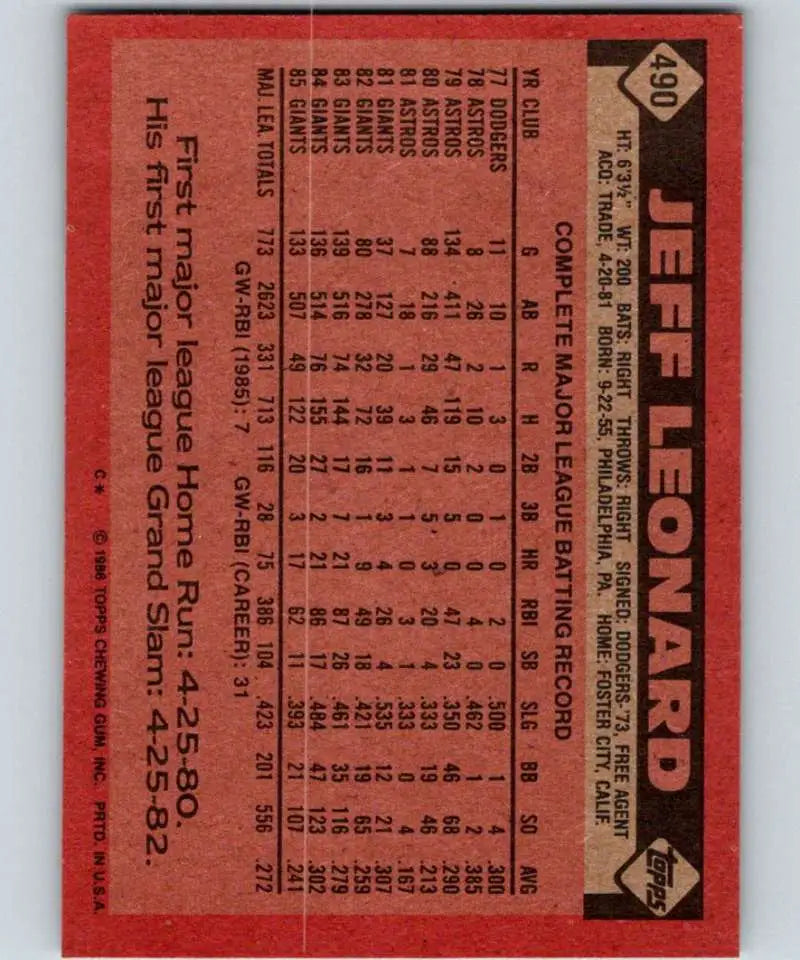 1986 Topps #490 Jeff Leonard EX Excellent San Francisco Giants Baseball Card - Baseball Card Single