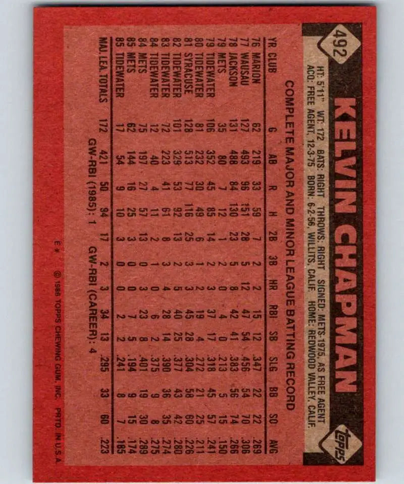 1986 Topps #492 Kelvin Chapman EX Excellent New York Mets Baseball Card - Baseball Card Single