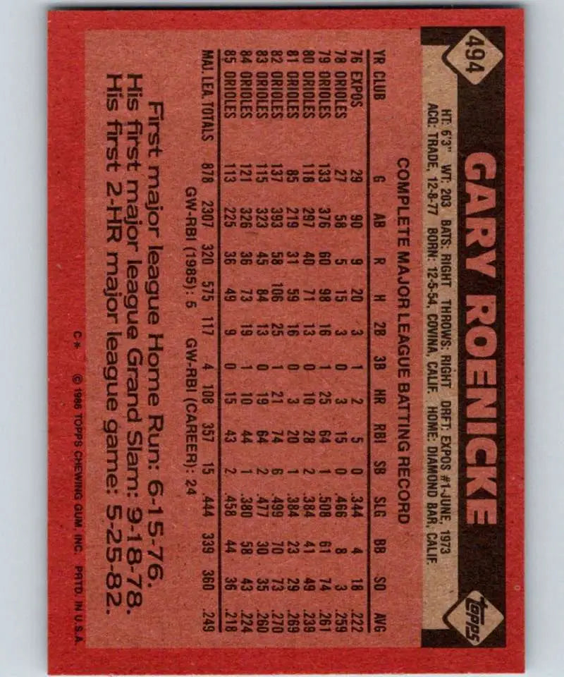 1986 Topps #494 Gary Roenicke EX Excellent Baltimore Orioles Baseball Card - Baseball Card Single