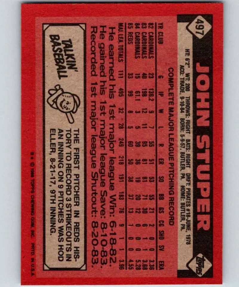 1986 Topps #497 John Stuper EX Excellent Cincinnati Reds Baseball Card - Baseball Card Single