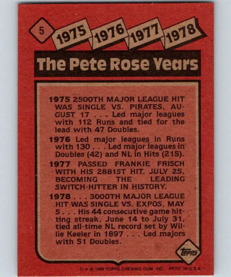 1986 Topps #5 Pete Rose EX Excellent Cincinnati Reds Baseball Card - Baseball Card Single