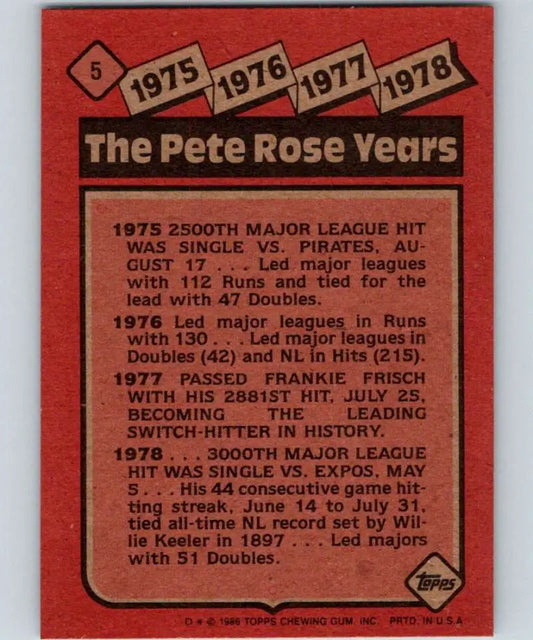 1986 Topps #5 Pete Rose EX Excellent Cincinnati Reds Baseball Card - Baseball Card Single