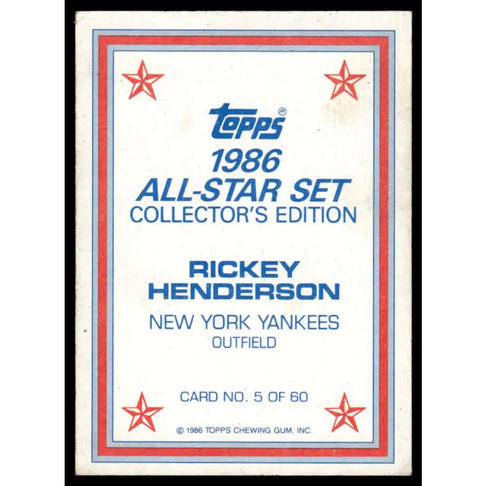 1986 Topps #5 Rickey Henderson VG/EX New York Yankees Baseball Card