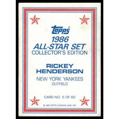 1986 Topps #5 Rickey Henderson VG/EX New York Yankees Baseball Card