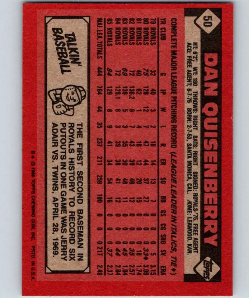 1986 Topps #50 Dan Quisenberry EX Excellent Kansas City Royals Baseball Card - Baseball Card Single