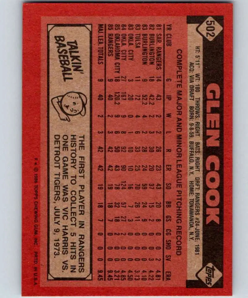 1986 Topps #502 Glen Cook EX Excellent RC Rookie Texas Rangers Baseball Card - Baseball Card Single