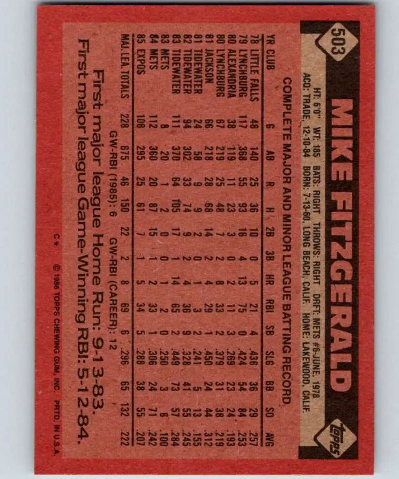 1986 Topps #503 Mike Fitzgerald EX Excellent Montreal Expos Baseball Card - Baseball Card Single