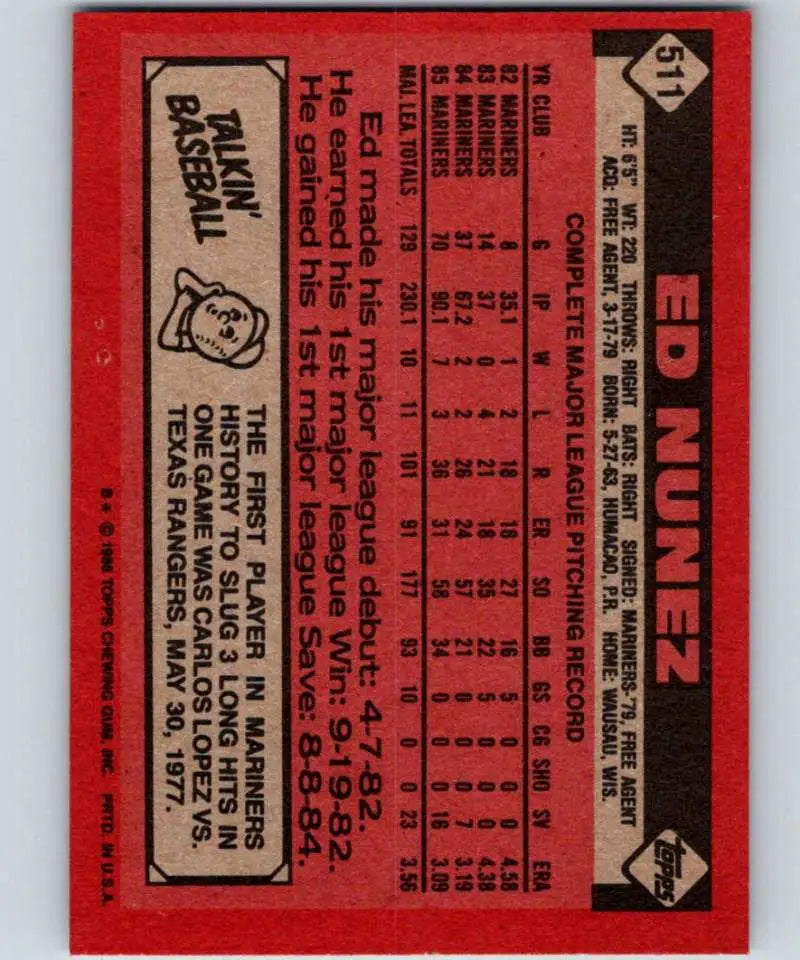 1986 Topps #511 Edwin Nunez EX Excellent Seattle Mariners Baseball Card - Baseball Card Single