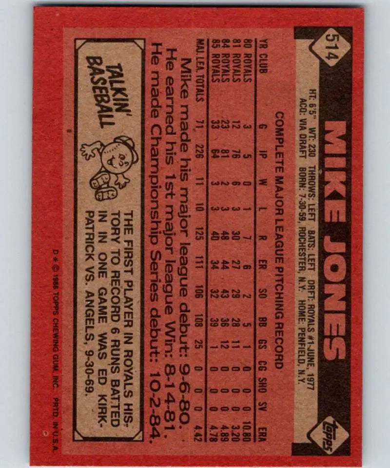 1986 Topps #514 Mike Jones EX Excellent Kansas City Royals Baseball Card - Baseball Card Single