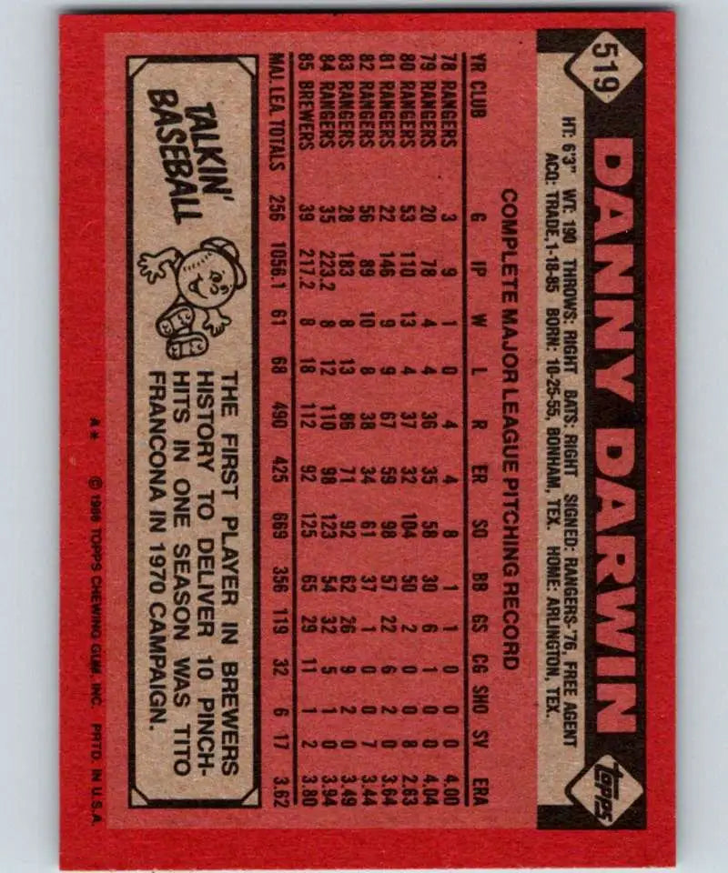 1986 Topps #519 Danny Darwin EX Excellent Milwaukee Brewers Baseball Card - Baseball Card Single