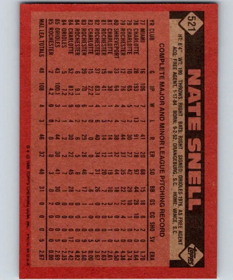 1986 Topps #521 Nate Snell EX Excellent Baltimore Orioles Baseball Card - Baseball Card Single