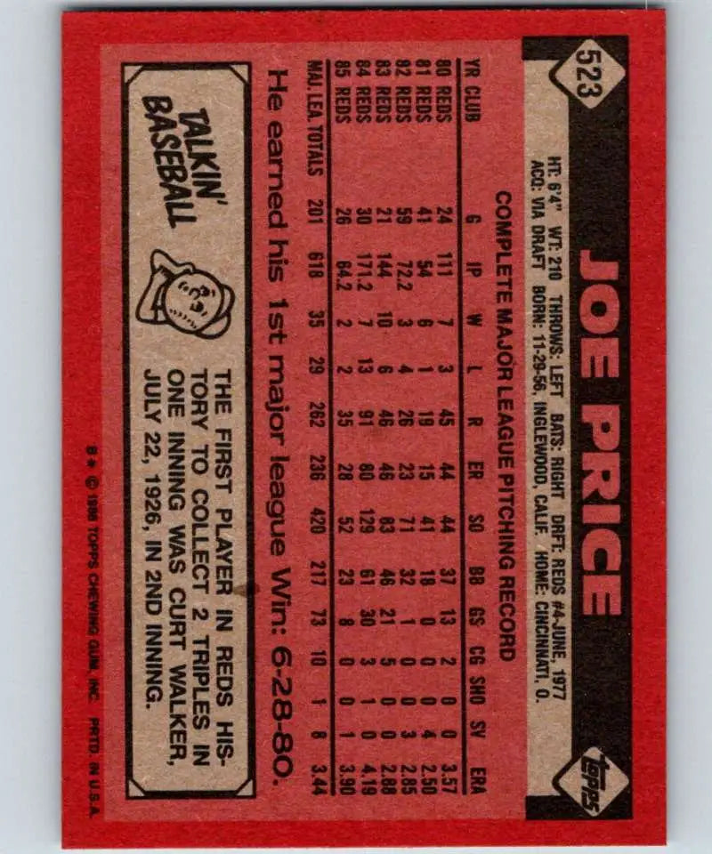 1986 Topps #523 Joe Price EX Excellent Cincinnati Reds Baseball Card - Baseball Card Single