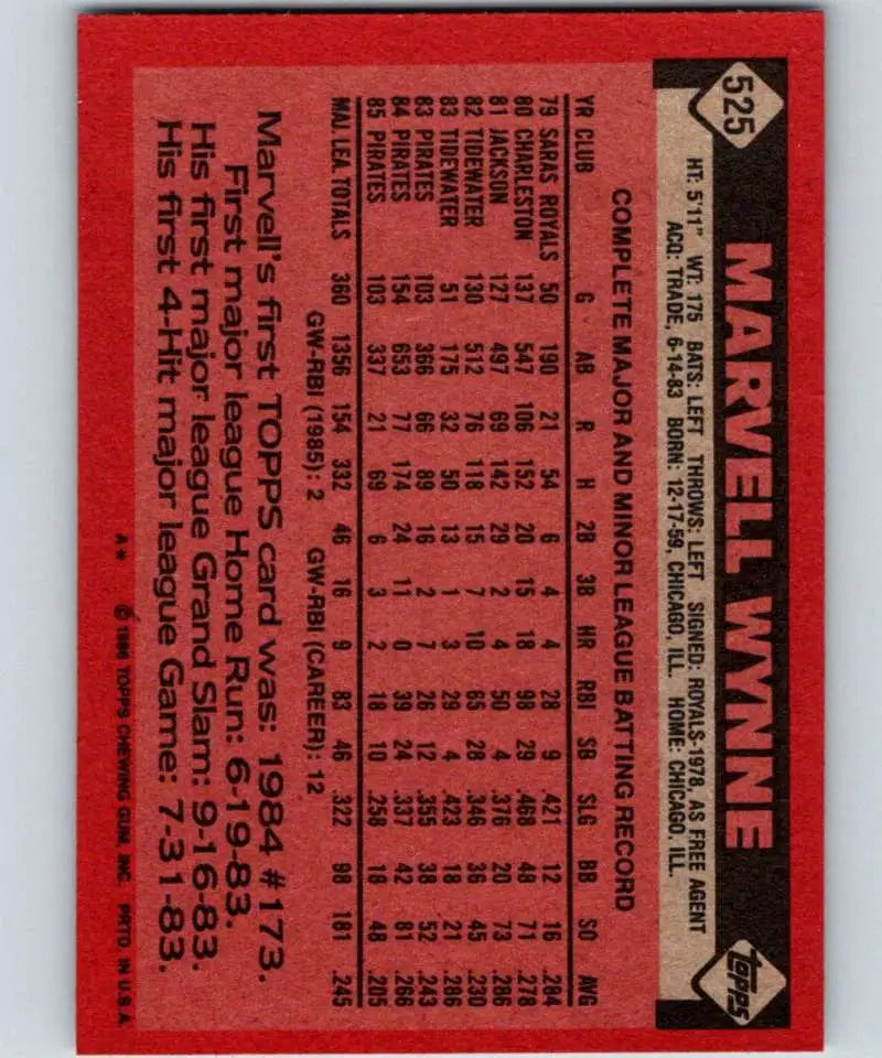 1986 Topps #525 Marvell Wynne EX Excellent Pittsburgh Pirates Baseball Card - Baseball Card Single