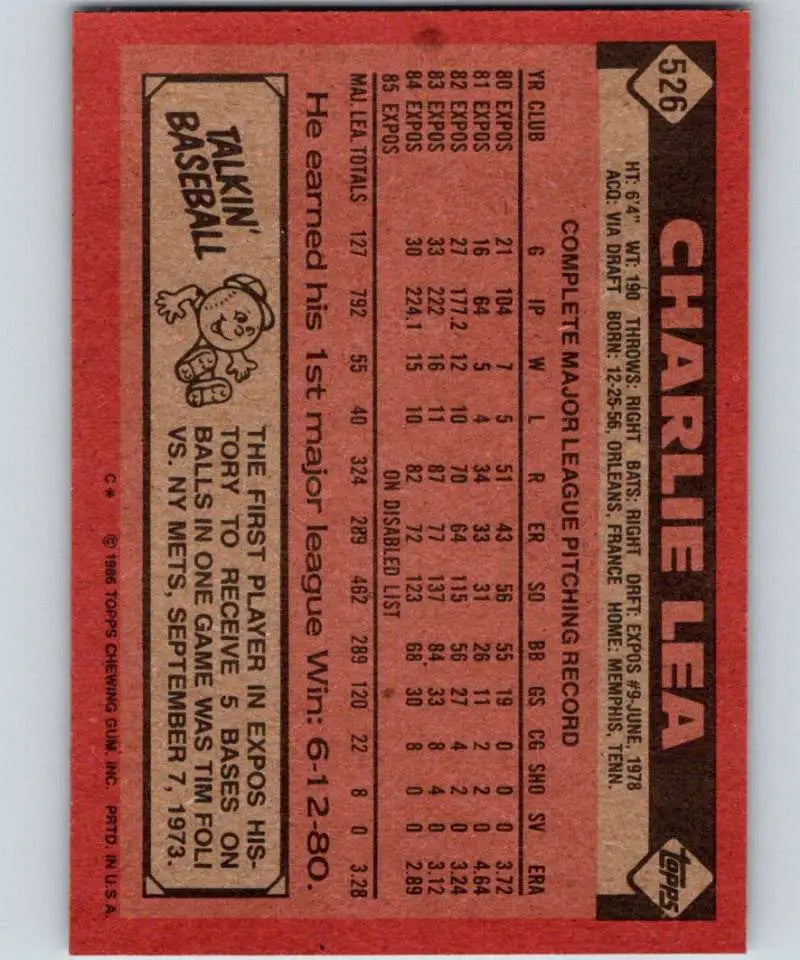 1986 Topps #526 Charlie Lea EX Excellent Montreal Expos Baseball Card - Baseball Card Single