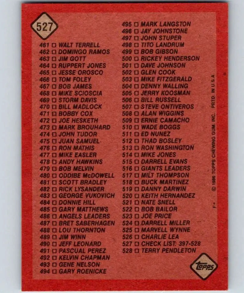 1986 Topps #527 Checklist 397-528 EX Excellent Checklist Baseball Card - Baseball Card Single