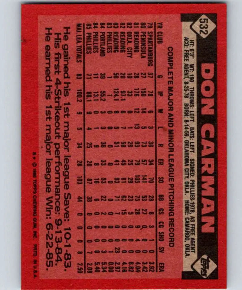 1986 Topps #532 Don Carman EX Excellent RC Rookie Philadelphia Phillies Baseball Card - Baseball Card Single