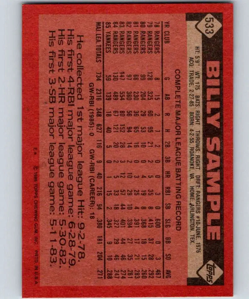 1986 Topps #533 Billy Sample EX Excellent New York Yankees Baseball Card - Baseball Card Single