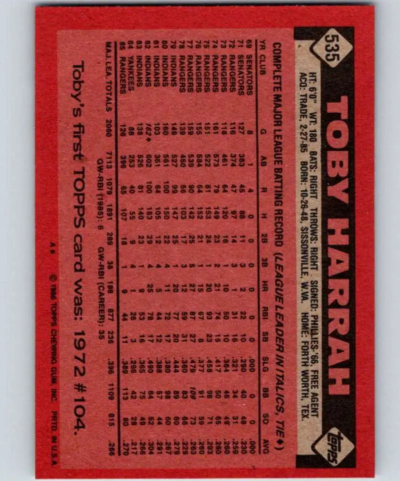 1986 Topps #535 Toby Harrah EX Excellent Texas Rangers Baseball Card - Baseball Card Single