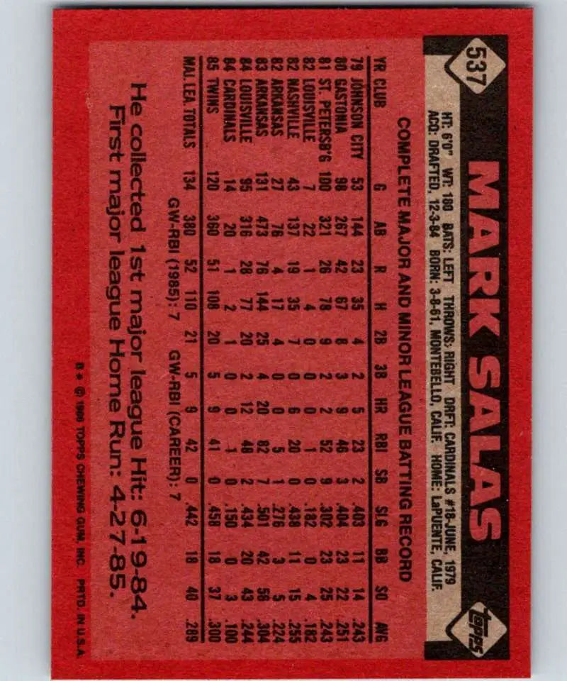 1986 Topps #537 Mark Salas EX Excellent Minnesota Twins Baseball Card - Baseball Card Single