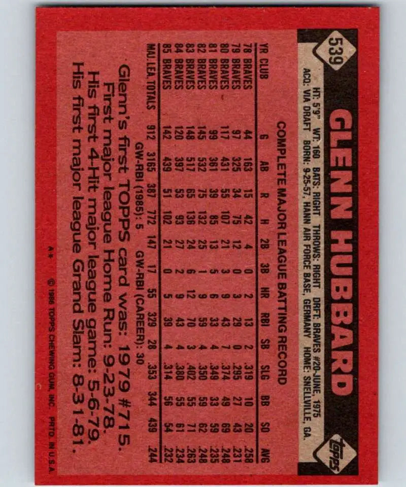 1986 Topps #539 Glenn Hubbard EX Excellent Atlanta Braves Baseball Card