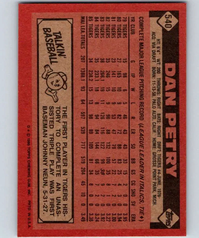 1986 Topps #540 Dan Petry EX Excellent Detroit Tigers Baseball Card - Baseball Card Single