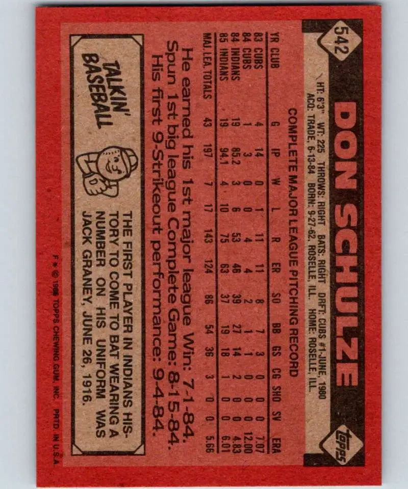 1986 Topps #542 Don Schulze EX Excellent Cleveland Indians Baseball Card - Baseball Card Single