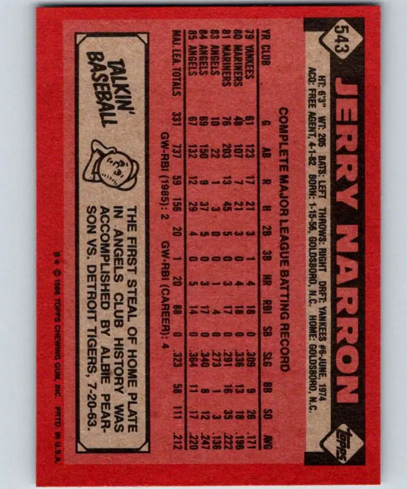 1986 Topps #543 Jerry Narron EX Excellent California Angels Baseball Card - Baseball Card Single