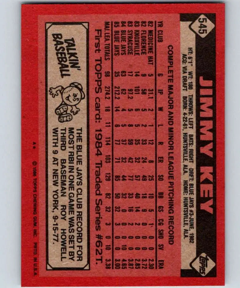 1986 Topps #545 Jimmy Key EX Excellent Toronto Blue Jays Baseball Card - Baseball Card Single