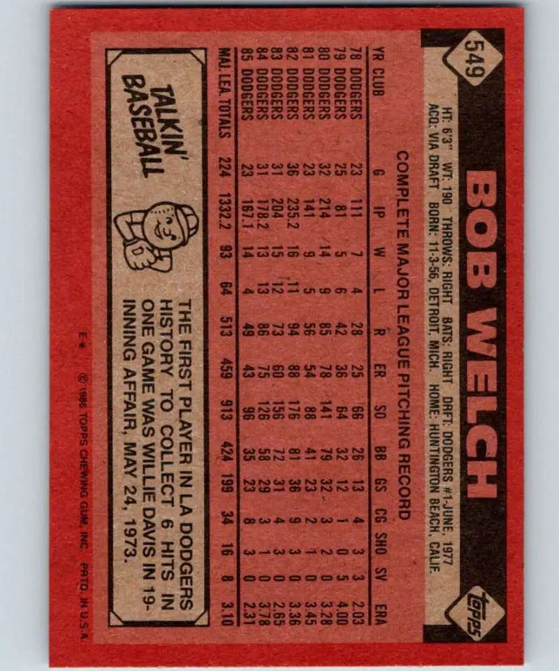 1986 Topps #549 Bob Welch EX Excellent Los Angeles Dodgers Baseball Card - Baseball Card Single
