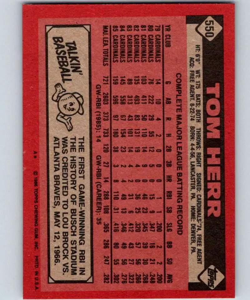 1986 Topps #550 Tom Herr EX Excellent St. Louis Cardinals Baseball Card - Baseball Card Single