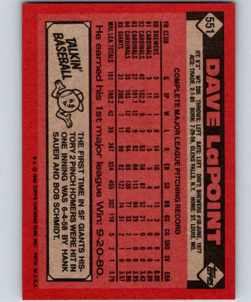 1986 Topps #551 Dave LaPoint EX Excellent San Francisco Giants Baseball Card - Baseball Card Single