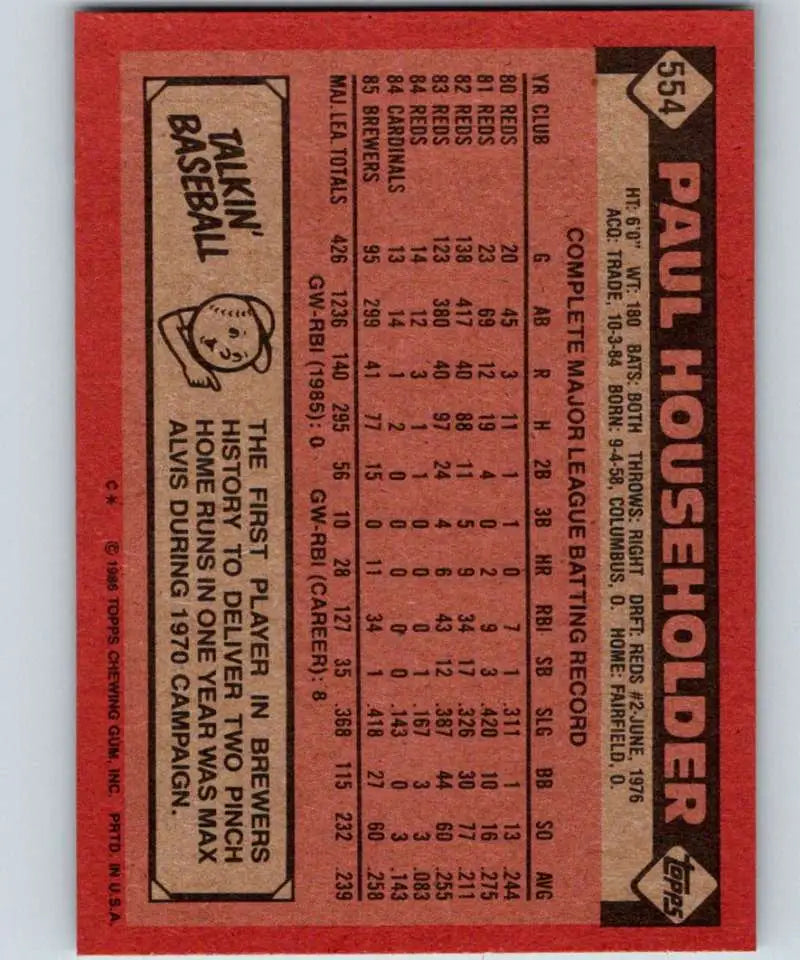 1986 Topps #554 Paul Householder EX Excellent Milwaukee Brewers Baseball Card - Baseball Card Single