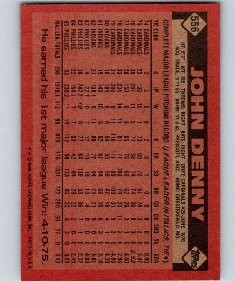 1986 Topps #556 John Denny EX Excellent Philadelphia Phillies Baseball Card - Baseball Card Single