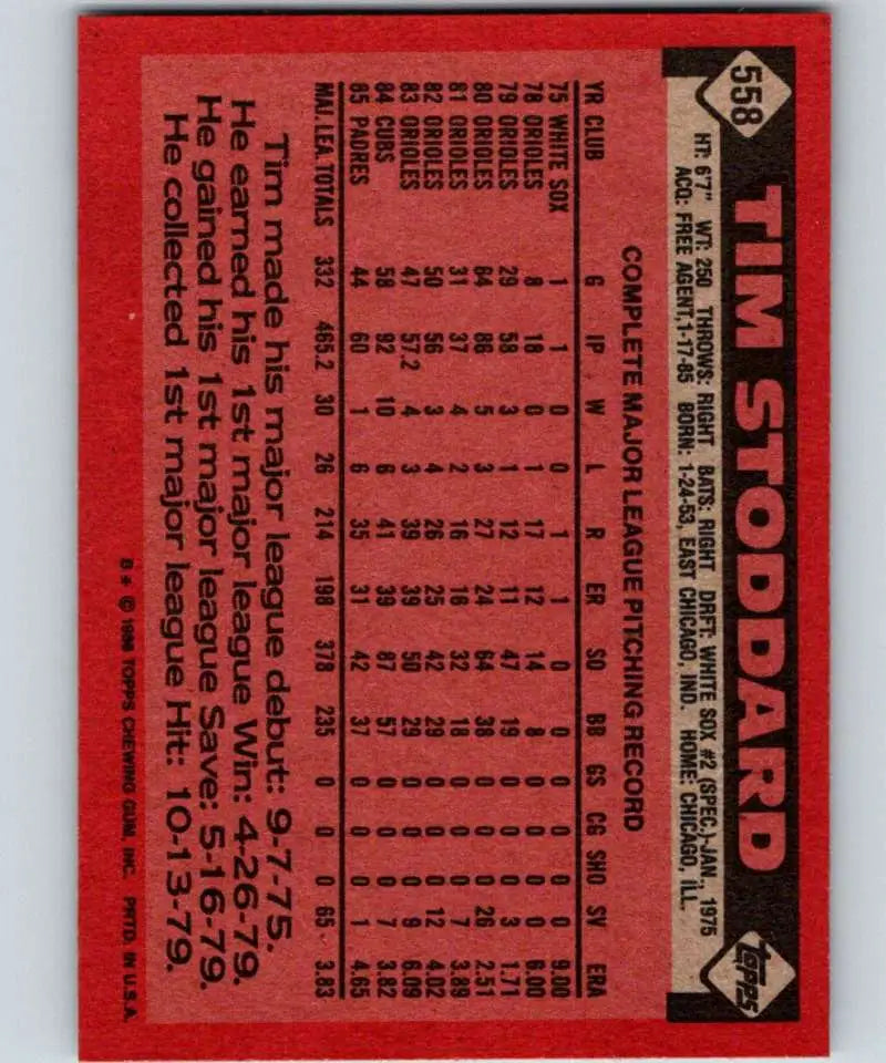 1986 Topps #558 Tim Stoddard EX Excellent San Diego Padres Baseball Card - Baseball Card Single