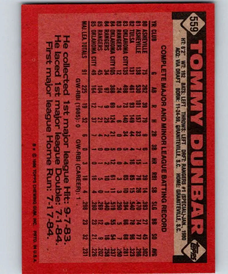 1986 Topps #559 Tommy Dunbar EX Excellent Texas Rangers Baseball Card - Baseball Card Single