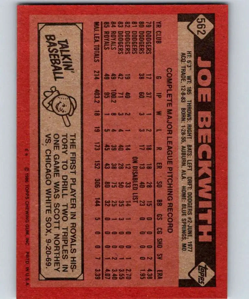 1986 Topps #562 Joe Beckwith EX Excellent Kansas City Royals Baseball Card - Baseball Card Single