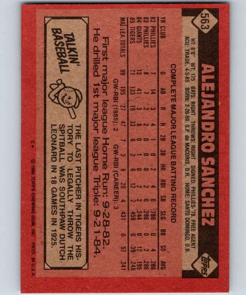 1986 Topps #563 Alejandro Sanchez EX Excellent Detroit Tigers Baseball Card - Baseball Card Single