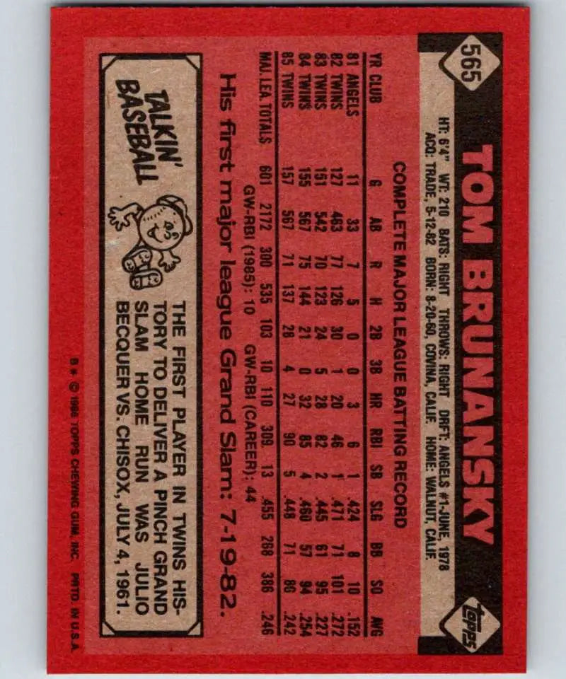 1986 Topps #565 Tom Brunansky EX Excellent Minnesota Twins Baseball Card - Baseball Card Single