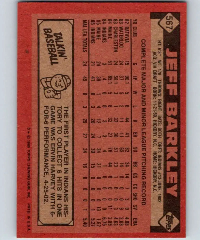1986 Topps #567 Jeff Barkley EX Excellent RC Rookie Cleveland Indians Baseball Card - Baseball Card Single