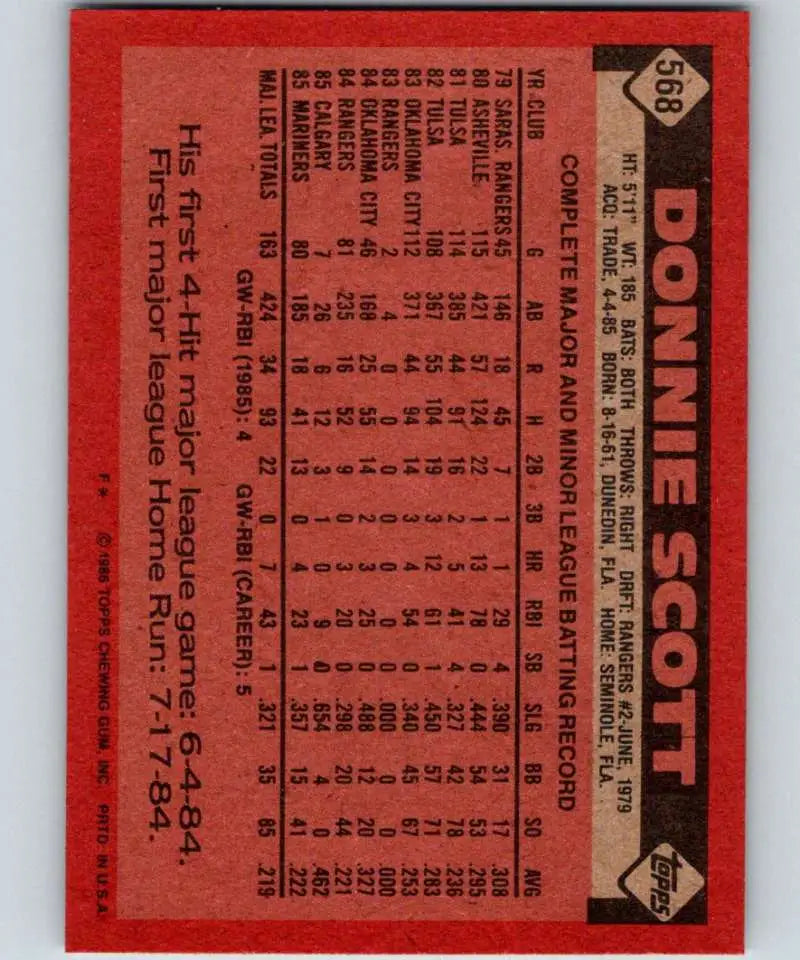 1986 Topps #568 Donnie Scott EX Excellent Seattle Mariners Baseball Card - Baseball Card Single