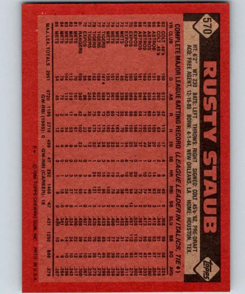 1986 Topps #570 Rusty Staub EX Excellent New York Mets Baseball Card - Baseball Card Single