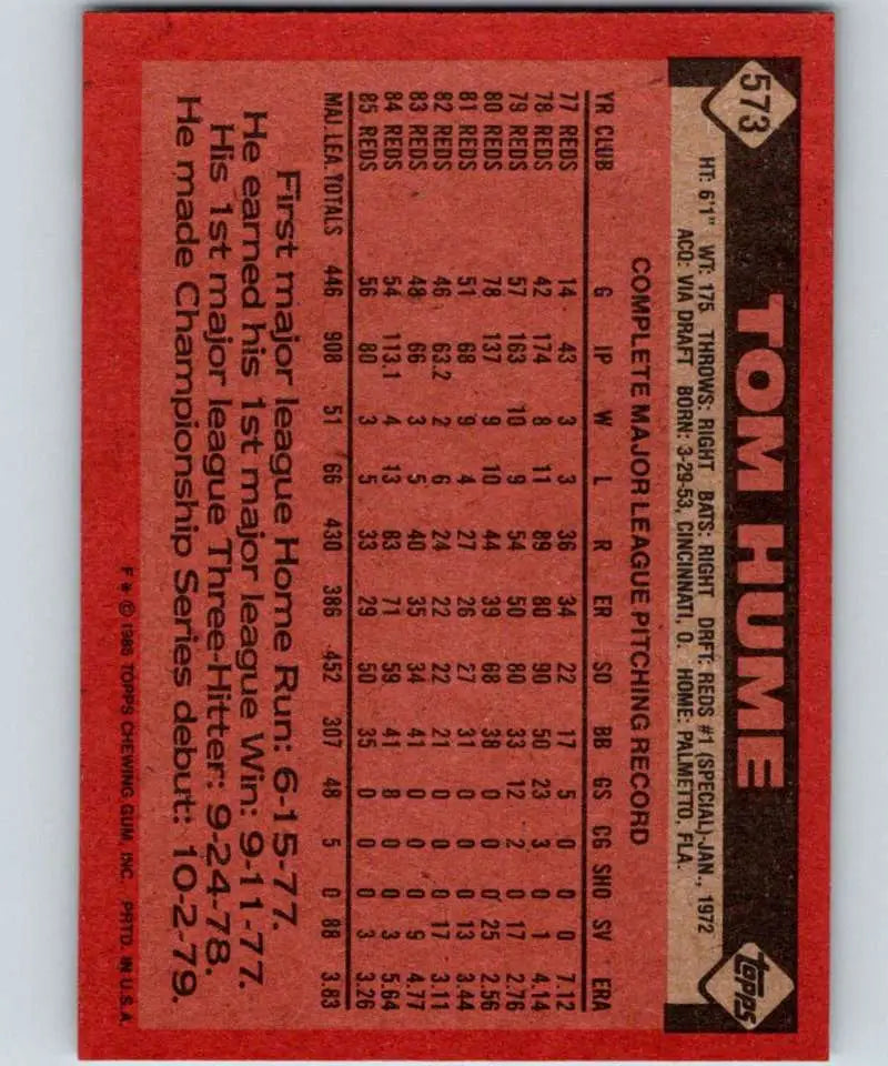 1986 Topps #573 Tom Hume EX Excellent Cincinnati Reds Baseball Card - Baseball Card Single
