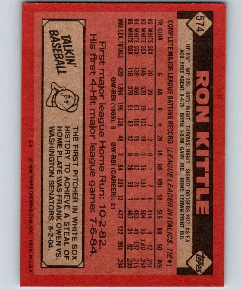 1986 Topps #574 Ron Kittle EX Excellent Chicago White Sox Baseball Card - Baseball Card Single